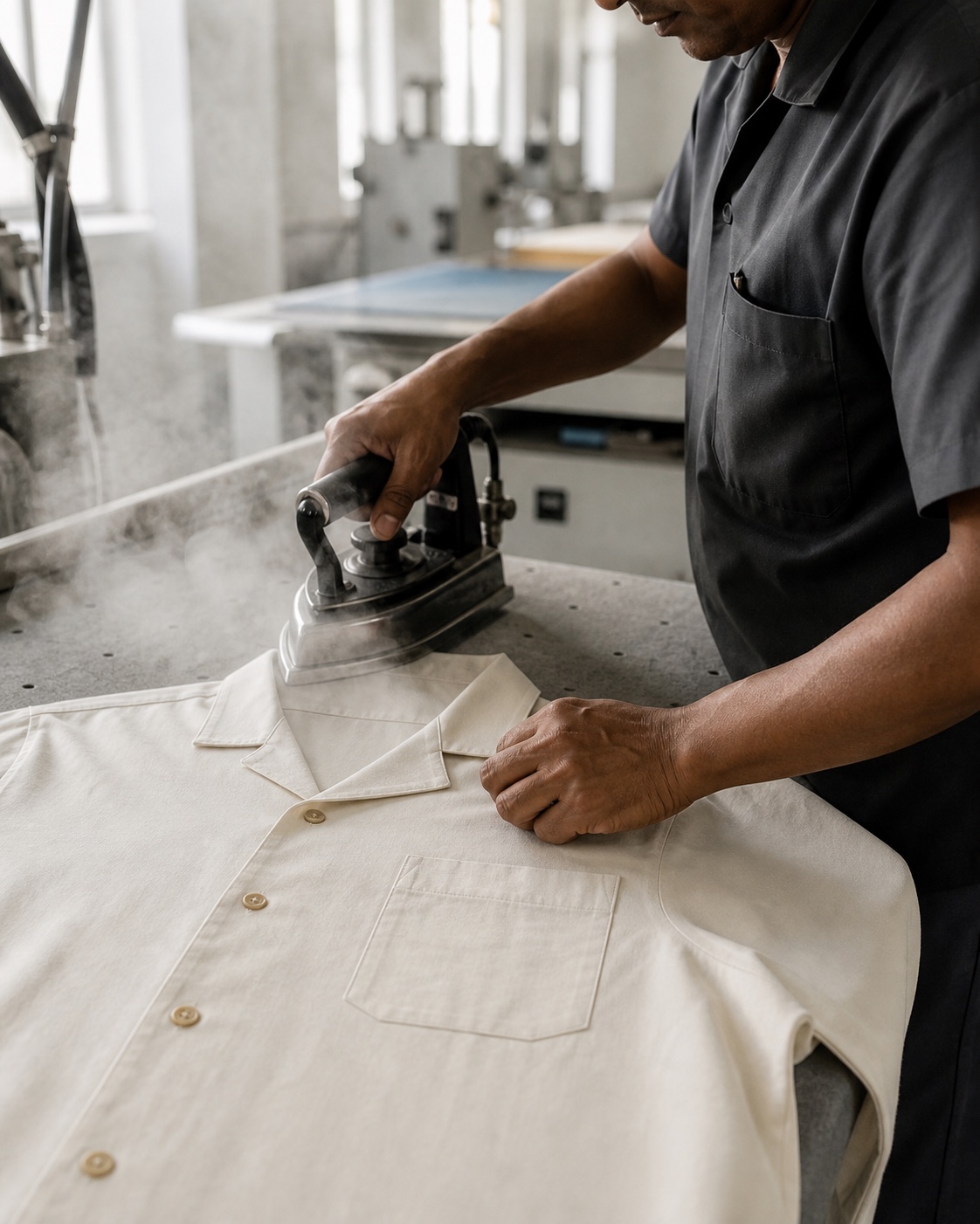 Operator steam pressing a finished resort shirt