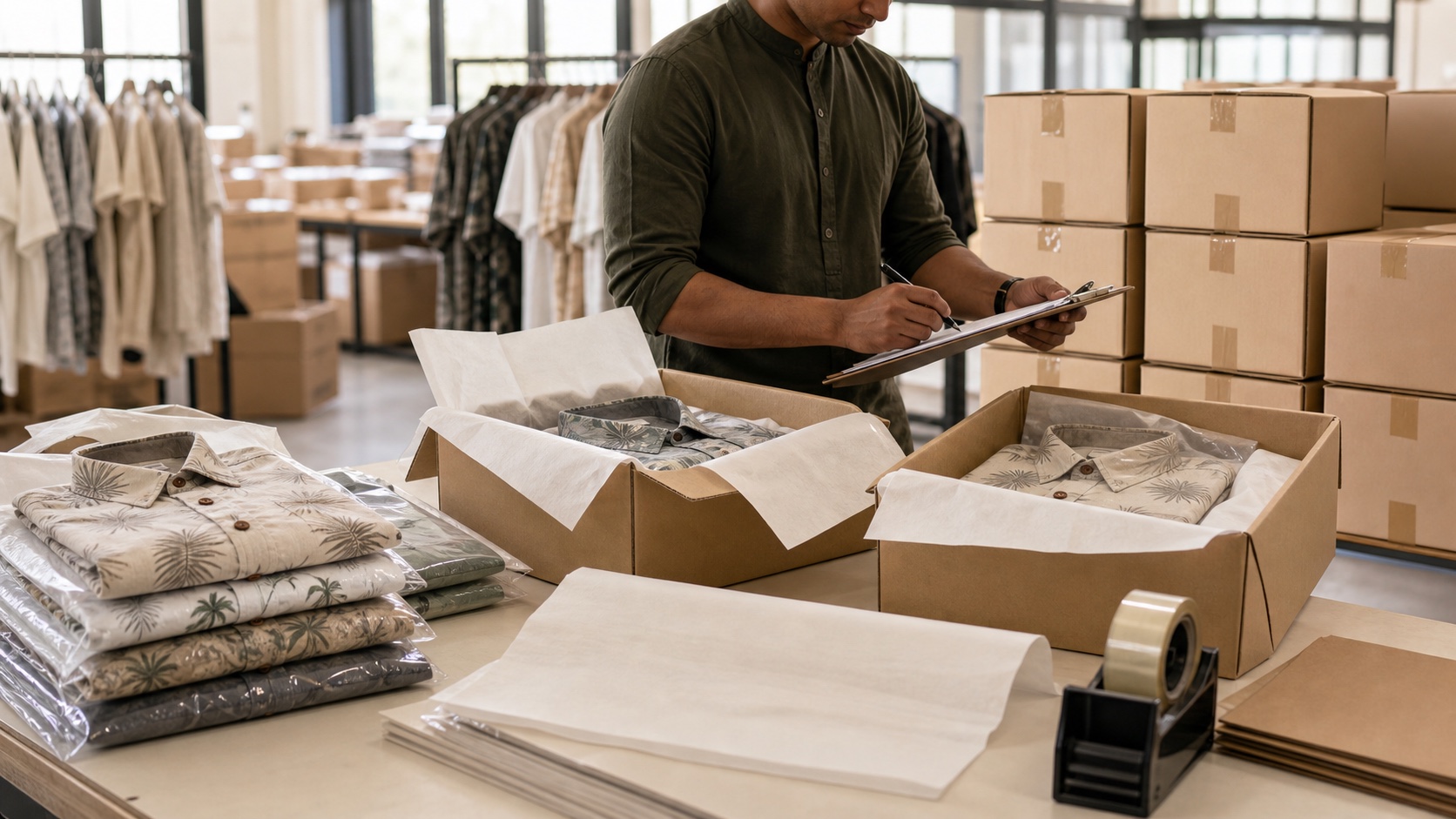 Finished resort garments being checked and packed for export delivery