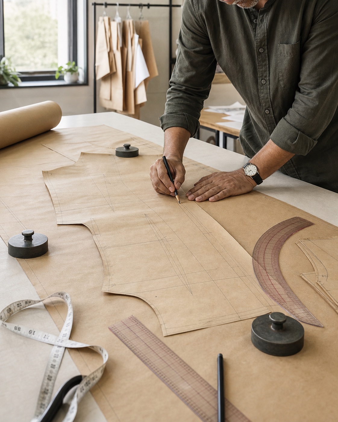 Pattern maker drafting a men's shirt pattern