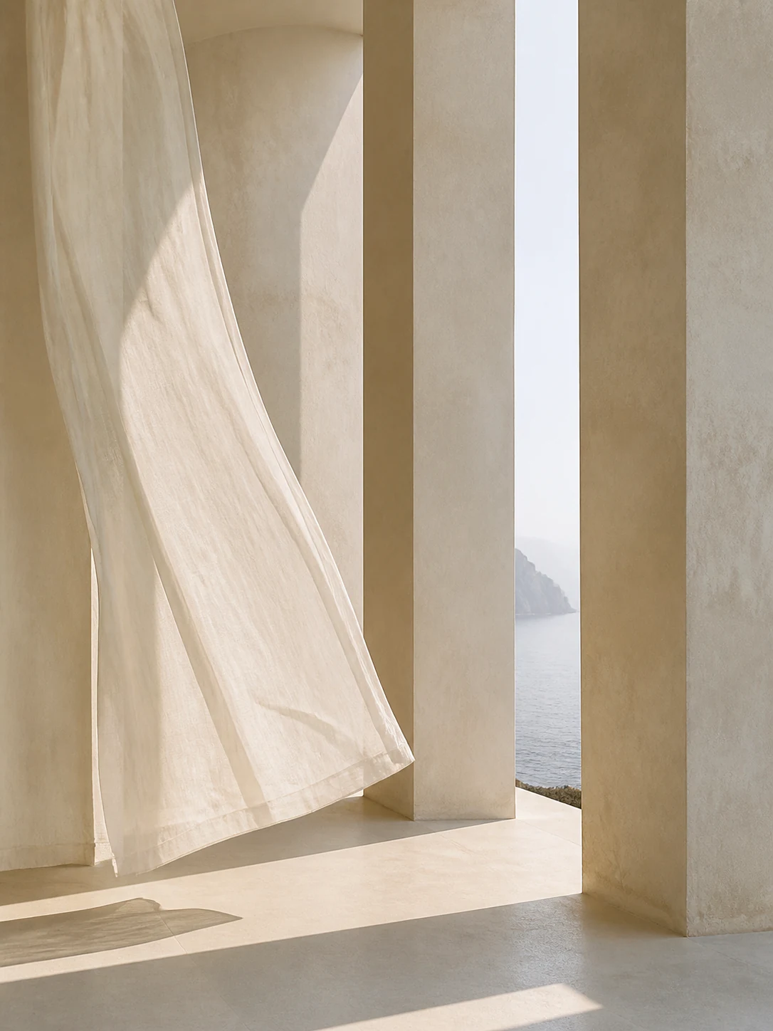 Sheer linen moving through a sunlit coastal colonnade