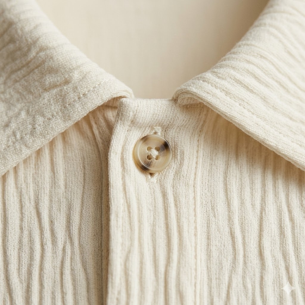 Close view of rib texture, collar construction and button detail