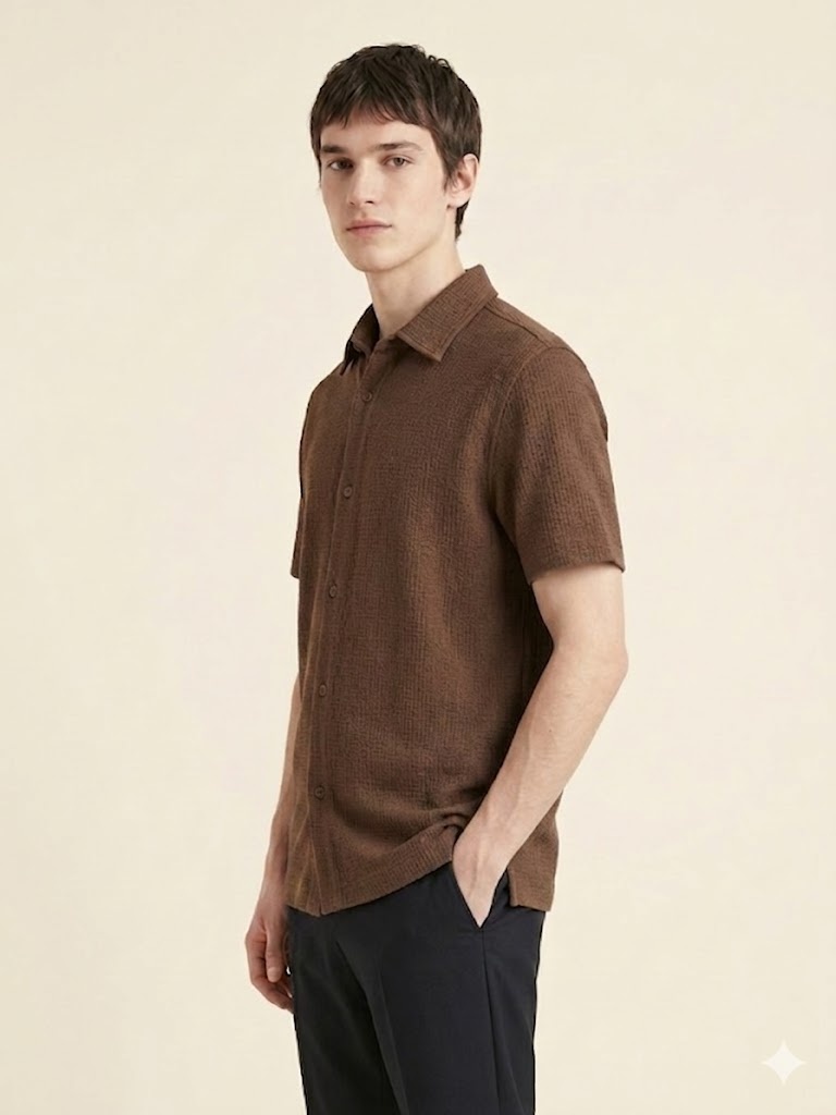 Front view of a brown knit short sleeve polo shirt