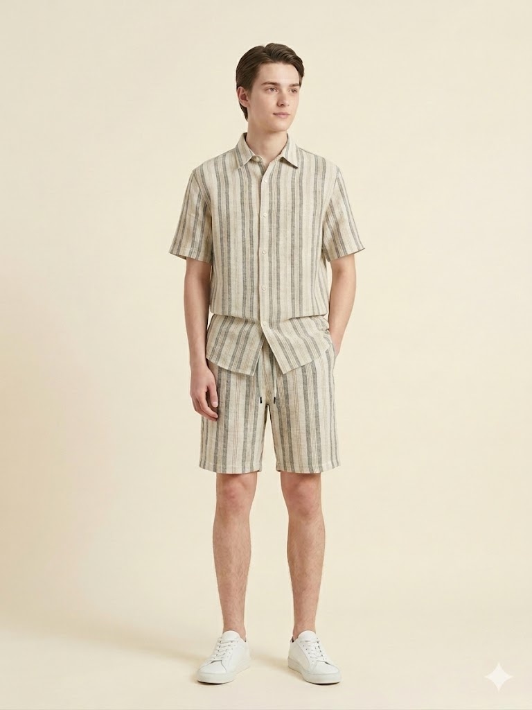 Front view of a beige linen shirt and shorts set