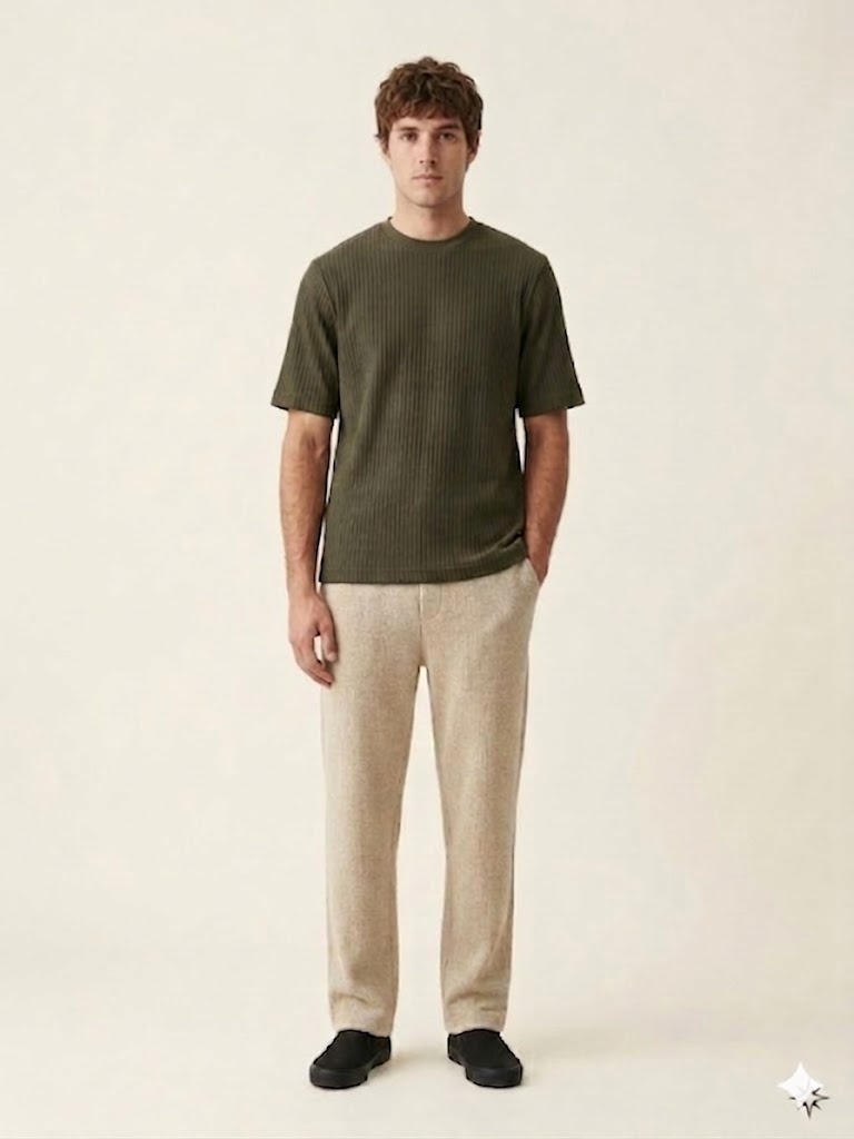 Front view of an olive ribbed knit T-shirt